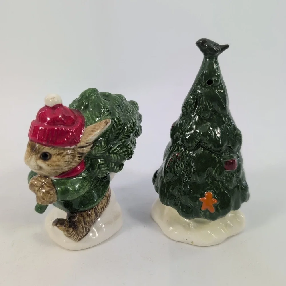 Gibson Greeting Christmas Tree & Bunny Mouse Salt & Pepper Shakers Otagiri Japan
